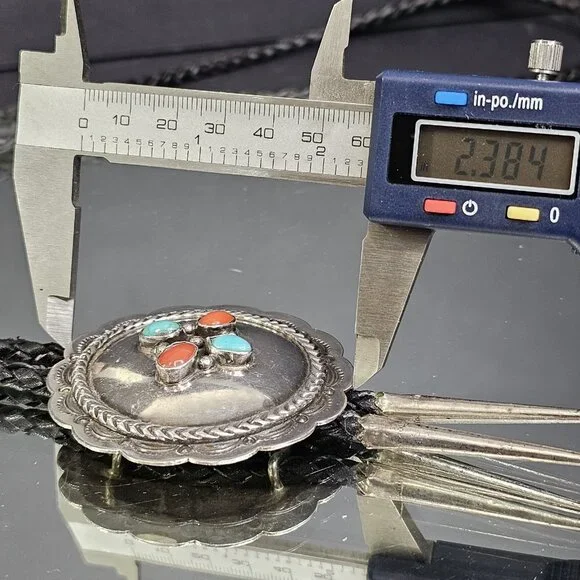 Navajo Turquoise And Coral Sterling Silver Bolo Tie Native American Vintage - Picture 7 of 11